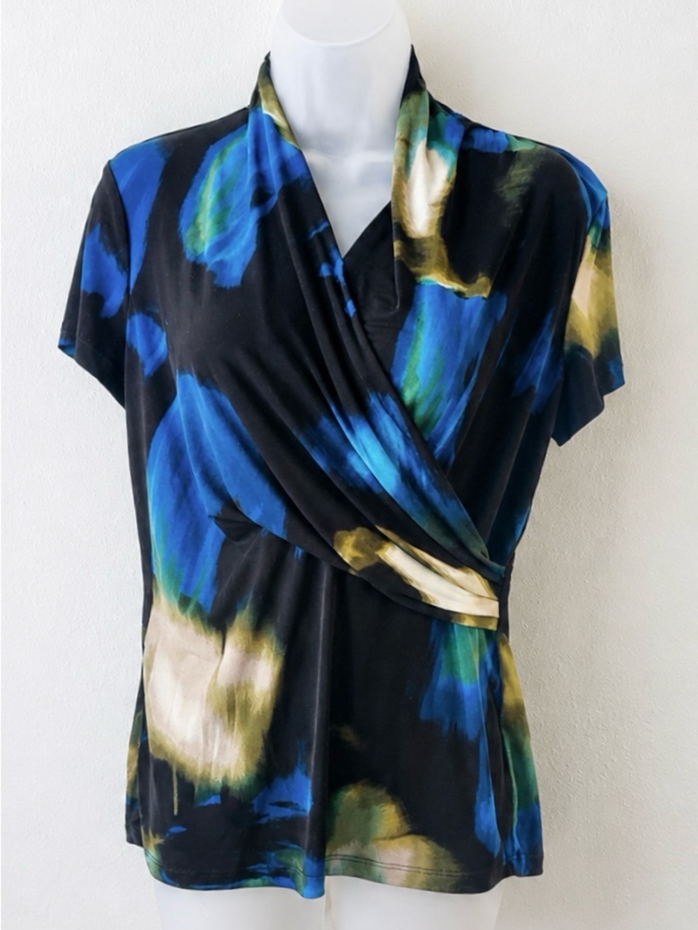 DKNY Wrap Top Small Blue Abstract Print Stretch Jerse